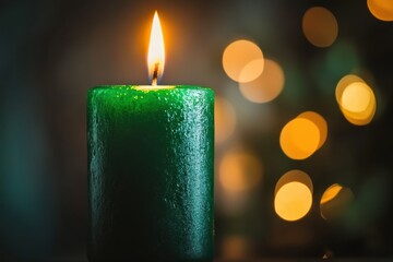 Poster - Candle burns brightly in a dimly lit room, enhancing the warm atmosphere with its flickering light and vibrant green color