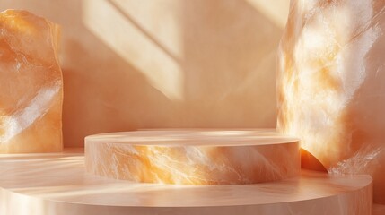 Wall Mural - Warm orange abstract marble platform in soft sunlight with unique texture for product display