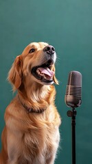 Leinwandbilder - Golden retriever dog barking joyfully into a vintage microphone against a vibrant turquoise background, creating a playful and entertaining musical atmosphere