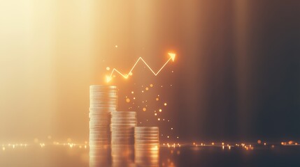 Poster - Stacks of coins with an upward trending arrow represent increasing profits, successful investments, and the growth of cryptocurrency like bitcoin in a glowing, optimistic financial landscape