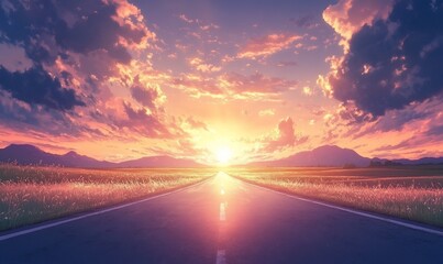 Wall Mural - Sunset road trip, scenic mountains, vibrant sky