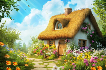 Poster - A small house with a thatched roof surrounded by blooming flowers
