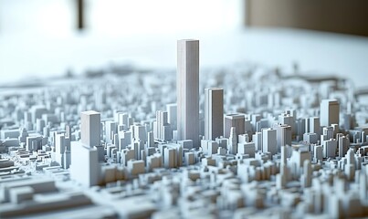 Poster - A miniature cityscape model, rendered in white, with a tall skyscraper as the centerpiece, evoking a sense of urban scale and design. ,



