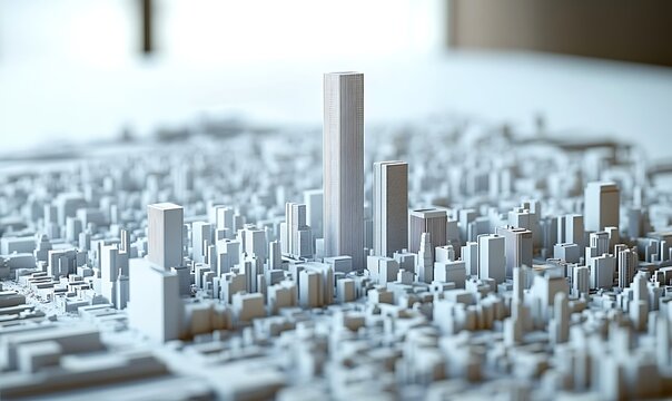 A miniature cityscape model, rendered in white, with a tall skyscraper as the centerpiece, evoking a sense of urban scale and design. ,


