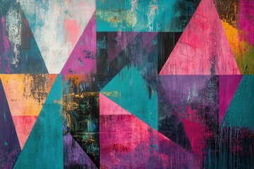 Poster - Dynamic teal, pink, and purple geometric patterns intertwined with a textured background offer a striking visual experience for modern design projects