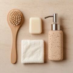 Poster - Minimalist Eco Lifestyle Natural Fiber Brush, Stone-Look Soap Dispenser and Cotton Cloth on Wooden Counter - Sustainable Cleaning Tools for Home Improvement and Eco Retail Display