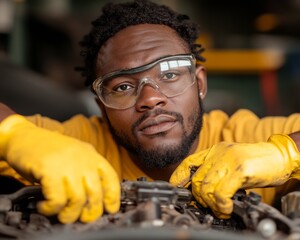 Poster - Industrial Workshop Aesthetics Emerging Black Automotive Technician Examines Engine - Dynamic Mechanical Repair Content and Hands-On Vocational Training