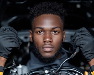 Aufkleber - Industrial Aesthetic Automotive Workshop with Black Male Student, 30 - Engine Inspection, Neat Tools, Modern Mechanical Repair, Hands-On Training in Safe Vocational Spaces