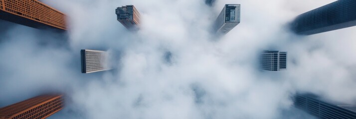 Aufkleber - Futuristic Urban Design Aerial Skyscrapers Piercing through Mist - Smart City Planning and Architectural Innovation for Sustainable Urban Integration