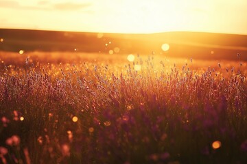 Poster - A vibrant field of lavender with golden light spilling over the horizon