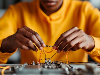 Leinwandbilder - Hands-On Robotics Assembly Diverse Youth Engaged in STEM Education with Circuit Tools on Industrial Wood Surface - Empowering Engineering Careers for Innovative Future Solutions