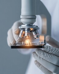 Aufkleber - Futuristic Genetic Research Gloved Scientist Using Advanced Microscope in Sleek Laboratory - Cutting-edge Biotech Innovation for Enhanced Genomic Breakthroughs