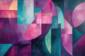 Poster - Abstract geometric backdrop in pink, purple, and teal, enhanced with textured finish, adding depth and complexity for stylish interior or creative project use