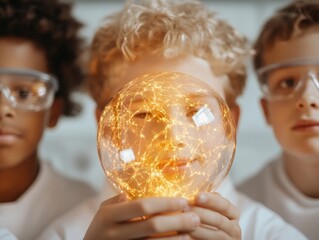 Aufkleber - Innovative STEM Learning Diverse Students Engaged with Illuminated Globe - Modern Science Education and Interactive Classroom Tools for Dynamic Learning Environments