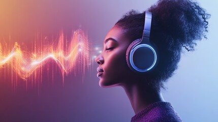 Poster - Immersed in a vibrant soundscape, a young woman wearing headphones enjoys music, as colorful sound waves emanate, creating a visual representation of her auditory experience