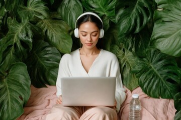 Aufkleber - Nature-Inspired Hybrid Workspace Young Indian Woman Engaged in Laptop Learning with Headphones Amidst Greenery - Outdoor Digital Education for Modern Flexibility