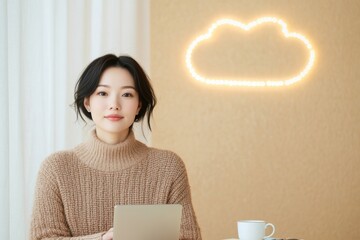 Poster - Minimalist Remote Learning Workspace Young Woman with Tablet and Coffee in Sunlit Home Office EdTech Innovation and Modern Education Solutions
