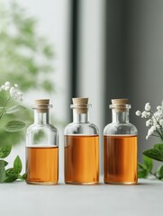 Aufkleber - Contemporary Minimalist Lab Setup Amber Vials with Botanical Accents on Marble - Pharmaceutical Visualization and Cutting-Edge Drug Development Marketing