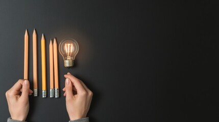 Aufkleber - Minimalist Chalkboard Strategy Hand-Drawn Pencils and Lightbulb for Creative Solutions - Marketing Innovation Imagery and Design Thinking in Business Campaigns