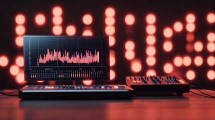 Poster - Sleek Home Studio Aesthetic RGB-Enhanced Mixing Console with Vibrant Sound Wave Display for Cutting-Edge Electronic Music Production and Urban Creative Innovation