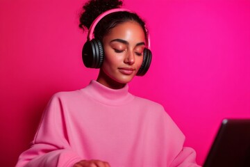 Aufkleber - Contemporary Beatmaking Aesthetic Indian Female in Minimalist Studio with Sampler and Laptop - Future of Music Production and Home Studio Revolution