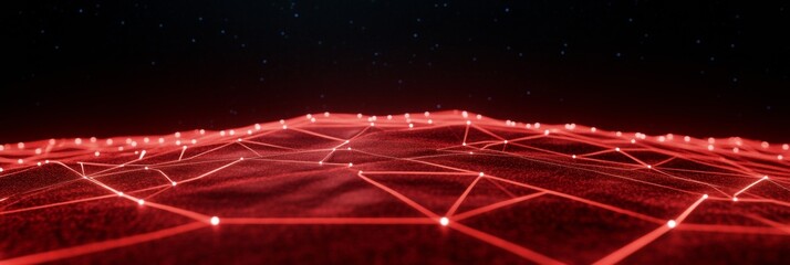 Poster - Futuristic Digital Network Neon Red Interconnected Nodes on Dark Terrain - Tech Visualization for Business Innovation and Digital Branding