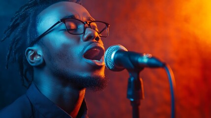 Poster - Young man with glasses and dreadlocks emotionally singing into a microphone during a concert under colorful stage lights, creating an energetic and passionate performance