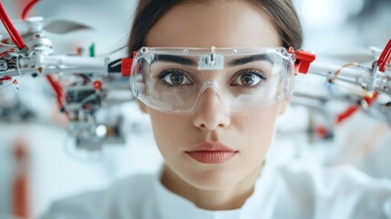 Aufkleber - Tech Innovator Aesthetic Focused Latina Engineer, 32, Examines Circuit Board with Drone and Tools Engineering Vision for Future-Ready Industry Collaboration