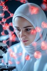 Poster - Cutting-Edge Molecular Research Hijab-Wearing Female Scientist Analyzing Complex Molecular Models - Empowering Women in STEM and Advancing Scientific Innovation