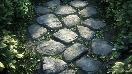 Wall Mural - Stone path in lush garden with sunlit foliage background, ideal for backgrounds