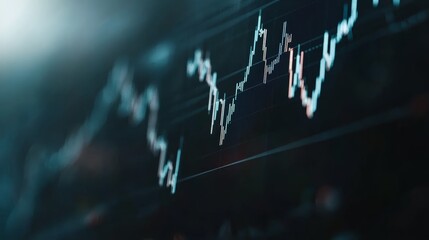 Poster - Electronic stock market chart showing growing trends in investment and finance with shallow depth of field and a dark blue background