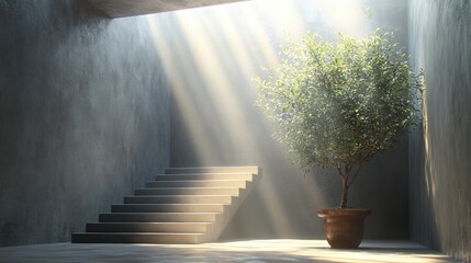 Wall Mural - Sunlight Illuminates Potted Tree in Minimalist Indoor Space