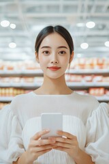 Poster - Minimalist Tech in Fashion Young Adult Female with Smartphone in Modern Retail Space - Enhancing Retail Engagement and Digital Marketing in Fashion Industry