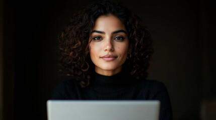 Aufkleber - Modern Minimalist Workspace Woman Engaged with Sleek Metal Laptop in Ambient Lighting - Smart Office Design and Tech-Driven Productivity Insights