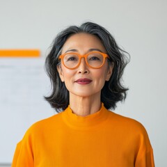 Poster - Vibrant Modern Elegance Asian Woman in Minimalist Orange Attire with Chic Glasses - Contemporary Fashion and Professional Branding for Diverse Executive Visuals