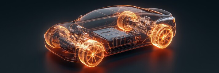 Aufkleber - Electric car revealing its internal structure, chassis, engine, battery and wheels, glowing with an orange light on a dark background, representing innovation and automotive engineering