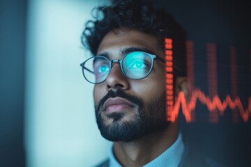 Poster - Futuristic Financial Analytics Modern Digital Screen Reflection in Glasses of Young Professional Man - Innovative Business Insights and Tech-Driven Decision Making