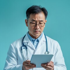 Leinwandbilder - Contemporary Healthcare Asian Male Doctor with Digital Tablet in Modern Clinical Setting Enhancing Patient Care with Technology for Professional Medical Practices