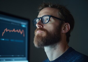 Aufkleber - Contemporary Tech Analyst in Focus Young Male Professional Analyzing Data Trends on LED Screen - Business Innovation and Digital Strategy Solutions
