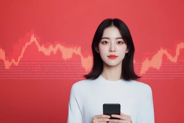 Aufkleber - Dynamic Financial Data Visualization Young Asian Woman with Smartphone Against Red Chart Background - Fintech Marketing and Real-time Analytics for Business Innovation