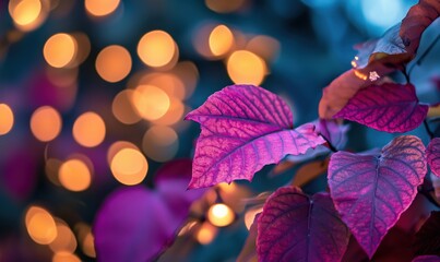 Poster - Vibrant purple leaves illuminated by warm bokeh lights, creating a stunning contrast of colors and textures in a dreamy atmosphere