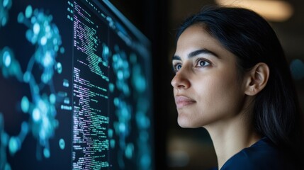 Leinwandbilder - Sleek Tech Workspace Young Indian Female Developer Navigates Complex Code on Large Screen Enhancing Digital Innovation and Modern IT Office Efficiency