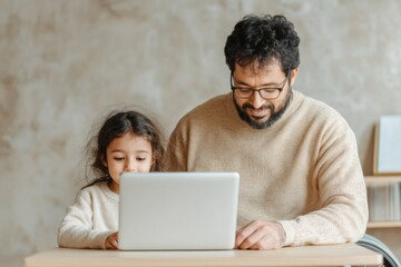 Poster - Contemporary Home Education Modern Indian Teacher with Young Girl Using Laptop in Cozy Study - Remote Learning and Inclusive Education Tools for the Digital Age