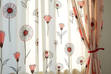 Wall Mural - Light-colored curtains with unevenly drawn flowers, lines, or quirky symbols using fabric markers