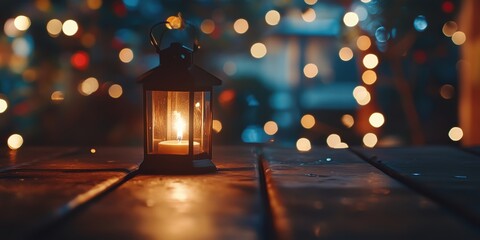 Wall Mural - Candle Lantern Illuminating Table Surrounded by Bokeh Christmas Lights, Warm Glow, Cozy Atmosphere, Holiday Decor