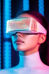 Poster - Neon Augmented Reality Latina Woman in Sleek AR Glasses and Holographic Projections - Futuristic Tech Innovation for Next-Gen Business Solutions and Immersive Marketing