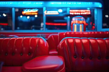 Poster - classic 1950s diner with neon sign glowing in night featuring red leather seats and vintage jukebox 