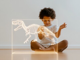 Aufkleber - Interactive AR Learning Experience Slim African American Child Engaged with AR Dinosaur on Tablet - Modern Educational Tool for Innovative Classroom Learning