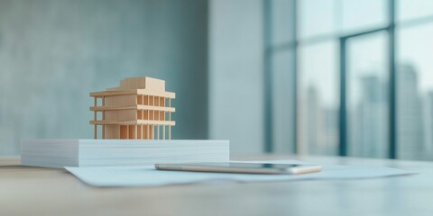 Aufkleber - Minimalist Urban Architecture Model on Plywood with Blueprint and Tablet - Smart City Planning and Sustainable Design for Modern Housing Solutions