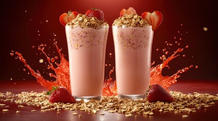 Wall Mural - Fresh Strawberry Smoothie with Granola and Red Splash Background